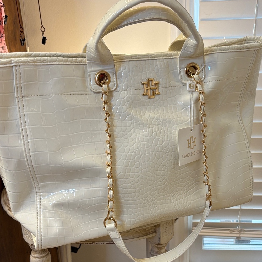 White Croc-Embossed Tote Bag